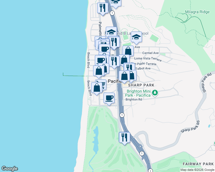 map of restaurants, bars, coffee shops, grocery stores, and more near 122 Hilton Lane in Pacifica