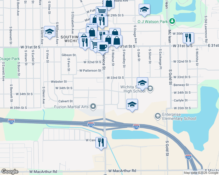 map of restaurants, bars, coffee shops, grocery stores, and more near 1002 West 34th Street South in Wichita