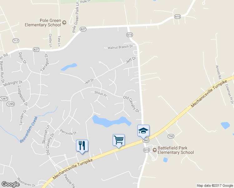 map of restaurants, bars, coffee shops, grocery stores, and more near 8300 Gettysburg Lane in Mechanicsville