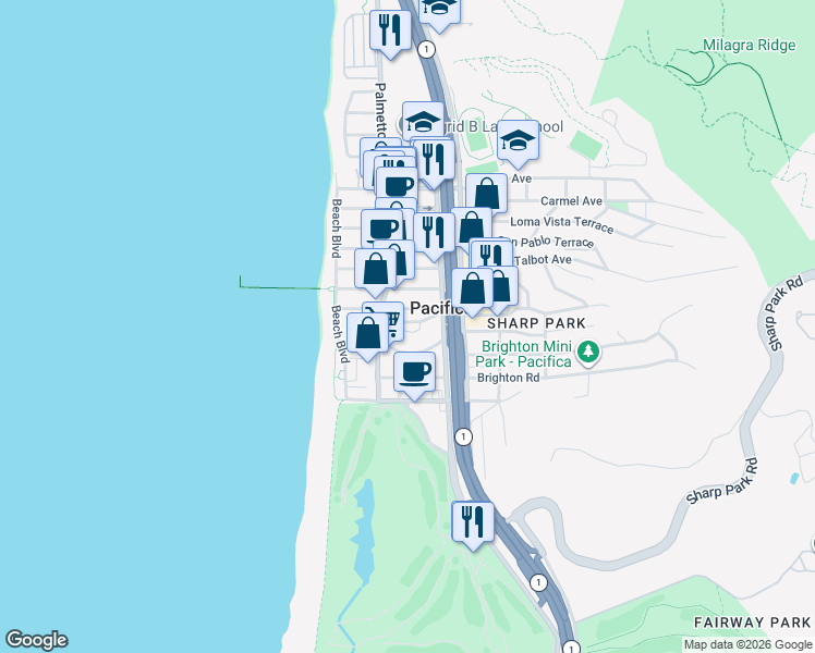 map of restaurants, bars, coffee shops, grocery stores, and more near 122 Hilton Lane in Pacifica