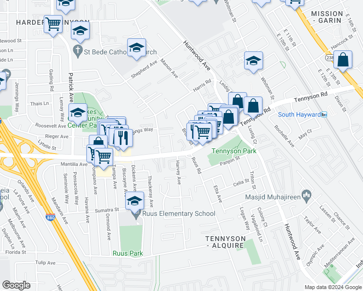 map of restaurants, bars, coffee shops, grocery stores, and more near 27796 Vasona Court in Hayward