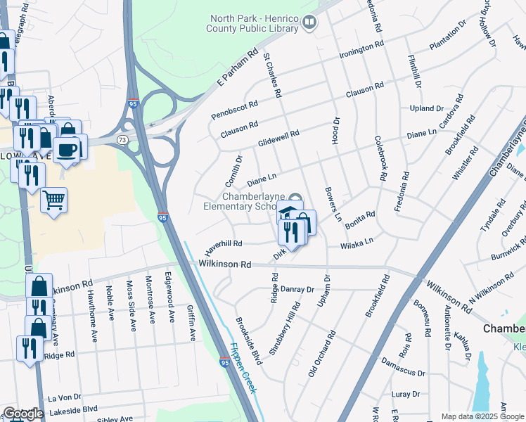 map of restaurants, bars, coffee shops, grocery stores, and more near 8202 Tarkington Drive in Richmond