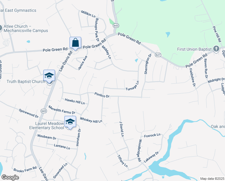 map of restaurants, bars, coffee shops, grocery stores, and more near 6921 Turnage Lane in Mechanicsville