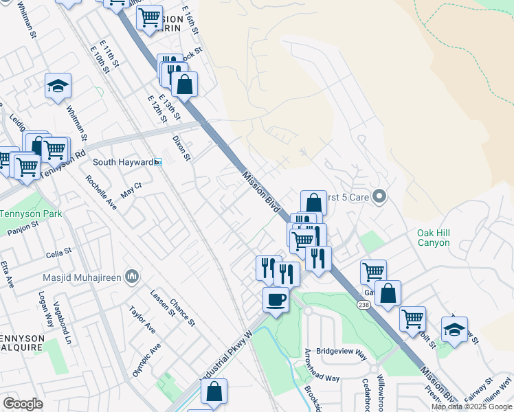 map of restaurants, bars, coffee shops, grocery stores, and more near 29322 Hub Lane in Hayward