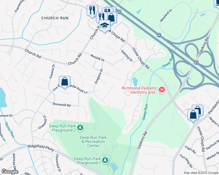 map of restaurants, bars, coffee shops, grocery stores, and more near 2820 Dover Hunt Place in Richmond