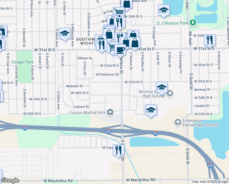 map of restaurants, bars, coffee shops, grocery stores, and more near 3449 South Seneca Street in Wichita