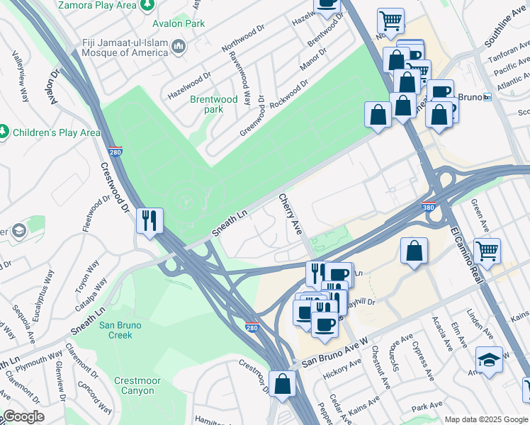 map of restaurants, bars, coffee shops, grocery stores, and more near 101 Piccadilly Place in San Bruno