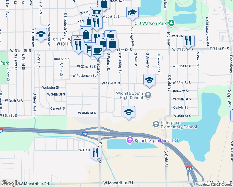map of restaurants, bars, coffee shops, grocery stores, and more near 3446 South Southwood Court in Wichita