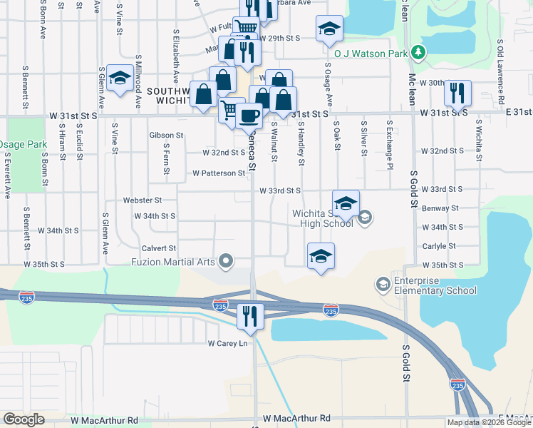 map of restaurants, bars, coffee shops, grocery stores, and more near 1002 West 34th Street South in Wichita