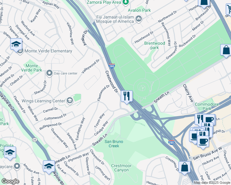 map of restaurants, bars, coffee shops, grocery stores, and more near 1511 Crestwood Drive in San Bruno