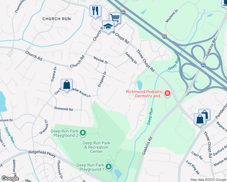 map of restaurants, bars, coffee shops, grocery stores, and more near 2820 Dover Hunt Place in Richmond