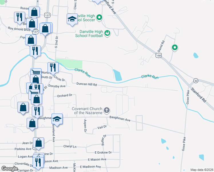map of restaurants, bars, coffee shops, grocery stores, and more near 449 Duncan Hill Road in Danville