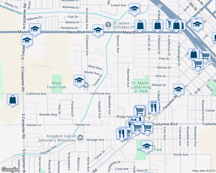 map of restaurants, bars, coffee shops, grocery stores, and more near 805 Marni Way in Modesto