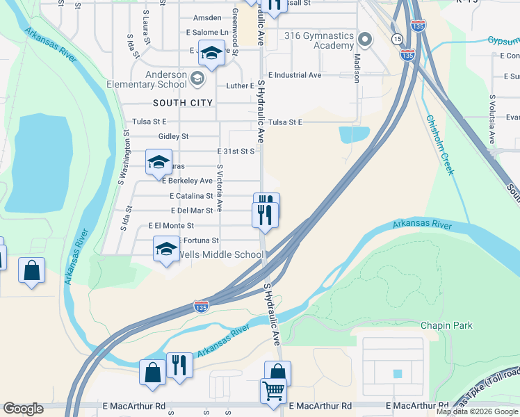 map of restaurants, bars, coffee shops, grocery stores, and more near 3350 South Hydraulic Avenue in Wichita