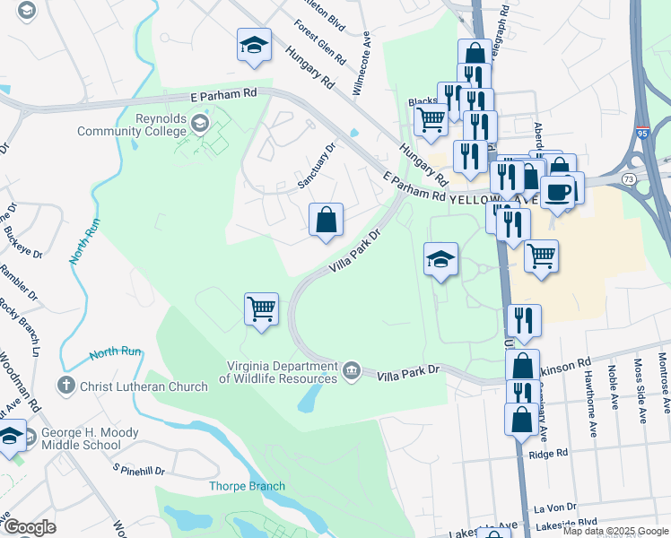 map of restaurants, bars, coffee shops, grocery stores, and more near 8011 Villa Park Drive in Richmond
