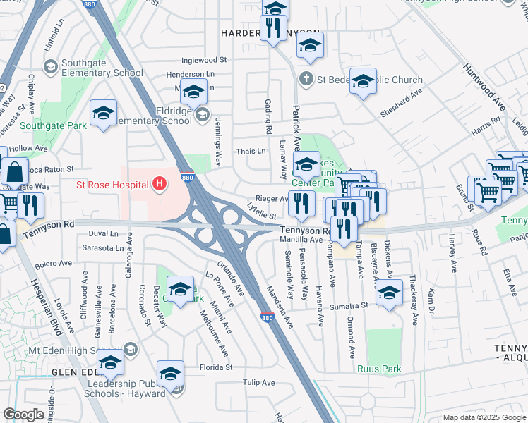 map of restaurants, bars, coffee shops, grocery stores, and more near 27487 Berenda Way in Hayward