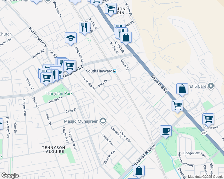 map of restaurants, bars, coffee shops, grocery stores, and more near 29060 Aztec Road in Hayward