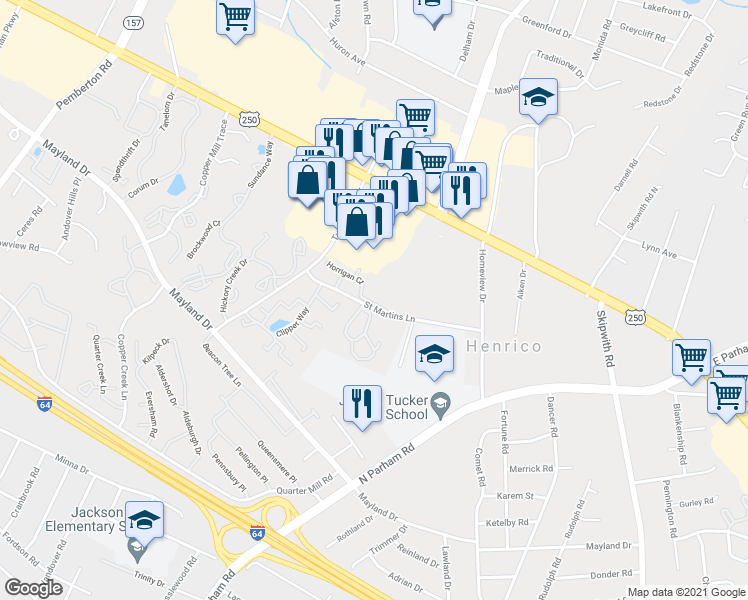 map of restaurants, bars, coffee shops, grocery stores, and more near 9008 Horrigan Court in Henrico
