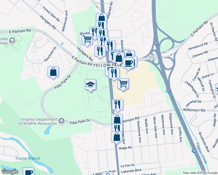 map of restaurants, bars, coffee shops, grocery stores, and more near 8000 Brook Road in Richmond