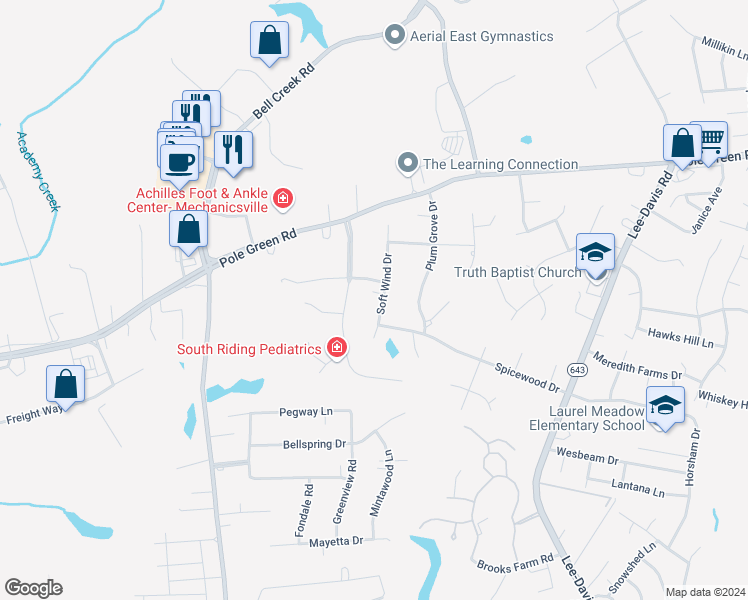 map of restaurants, bars, coffee shops, grocery stores, and more near 8287 Soft Wind Drive in Mechanicsville