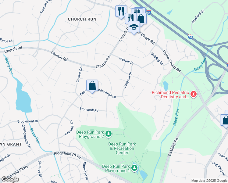 map of restaurants, bars, coffee shops, grocery stores, and more near 2503 Cedar Cone Drive in Richmond