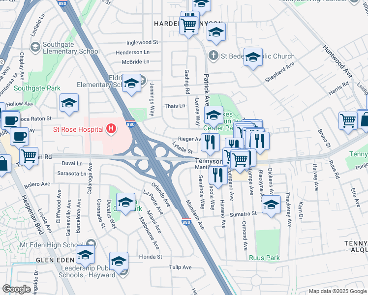 map of restaurants, bars, coffee shops, grocery stores, and more near 27487 Berenda Way in Hayward