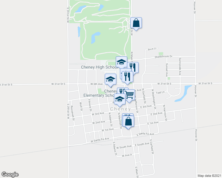 map of restaurants, bars, coffee shops, grocery stores, and more near 200 West 5th Avenue in Cheney
