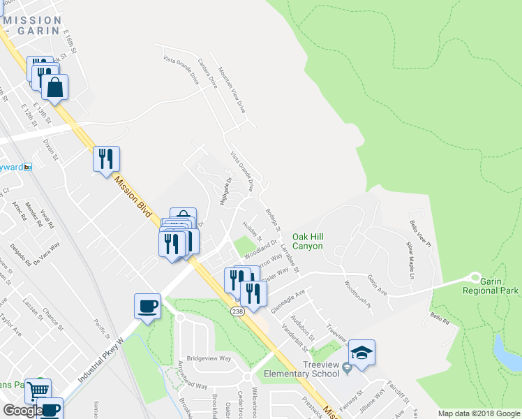 map of restaurants, bars, coffee shops, grocery stores, and more near 699 Fiesta Place in Hayward