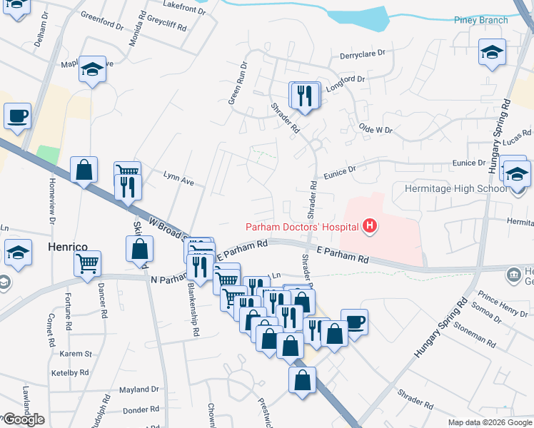 map of restaurants, bars, coffee shops, grocery stores, and more near 4815 Breeching Dee Lane in Henrico