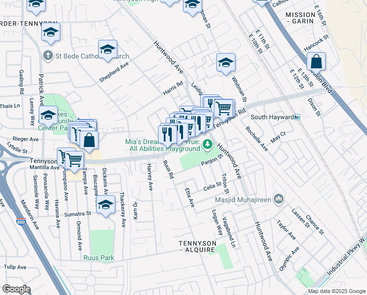 map of restaurants, bars, coffee shops, grocery stores, and more near 502 West Tennyson Road in Hayward