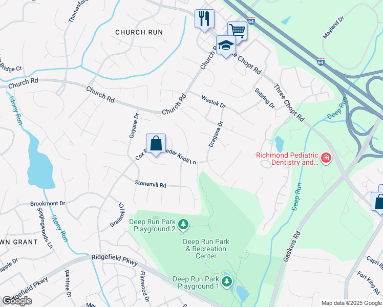 map of restaurants, bars, coffee shops, grocery stores, and more near 2503 Cedar Cone Drive in Richmond