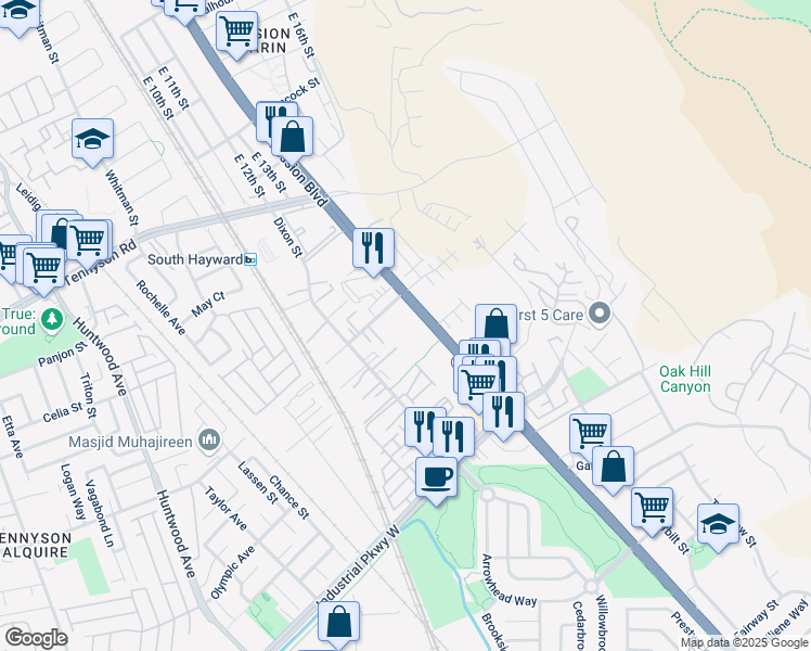 map of restaurants, bars, coffee shops, grocery stores, and more near 29335 Mission Boulevard in Hayward