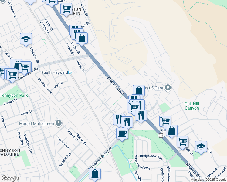 map of restaurants, bars, coffee shops, grocery stores, and more near 29322 Hub Lane in Hayward