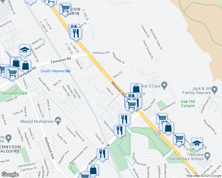 map of restaurants, bars, coffee shops, grocery stores, and more near 29335 Mission Boulevard in Hayward