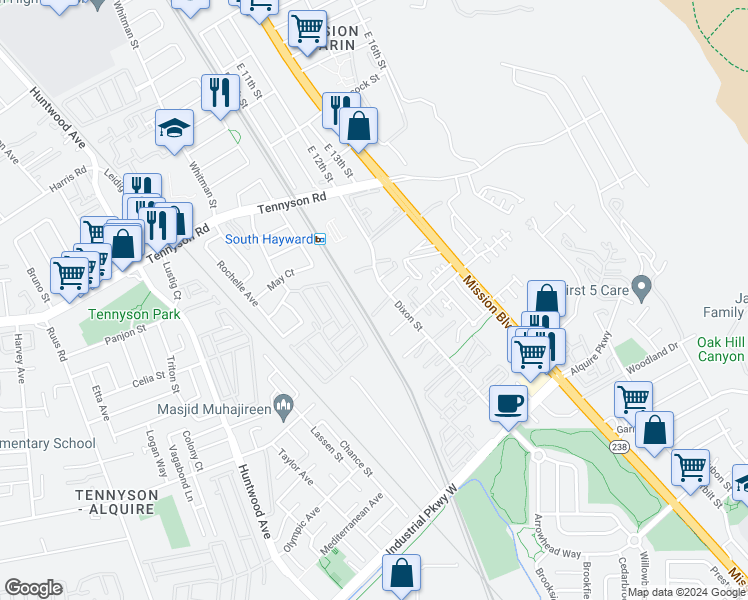 map of restaurants, bars, coffee shops, grocery stores, and more near 29125 Dixon Street in Hayward