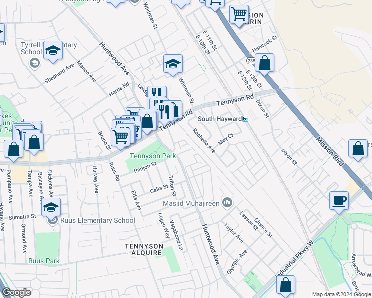 map of restaurants, bars, coffee shops, grocery stores, and more near 8 Raintree Court in Hayward