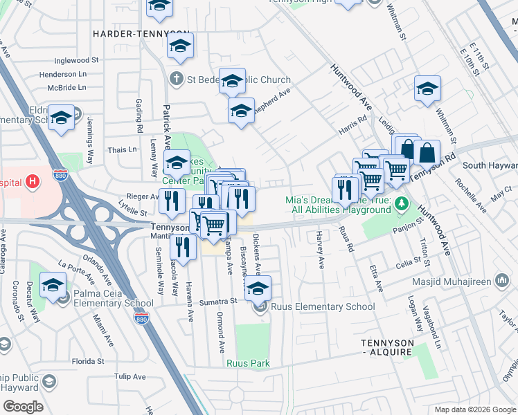 map of restaurants, bars, coffee shops, grocery stores, and more near 1050 Glad Tidings Way in Hayward