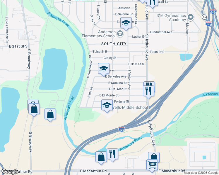 map of restaurants, bars, coffee shops, grocery stores, and more near 1215 Del Mar Street in Wichita