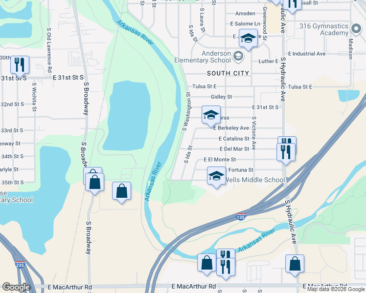 map of restaurants, bars, coffee shops, grocery stores, and more near 3402 Washington South in Wichita