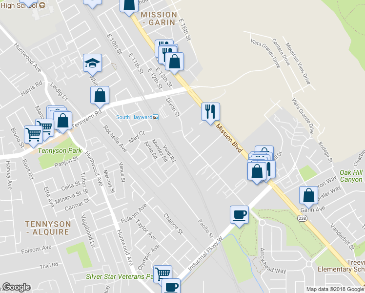 map of restaurants, bars, coffee shops, grocery stores, and more near 29125 Dixon Street in Hayward