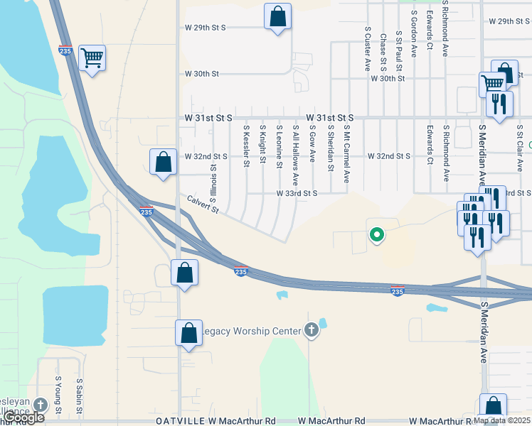 map of restaurants, bars, coffee shops, grocery stores, and more near 3517 South Knight Street in Wichita