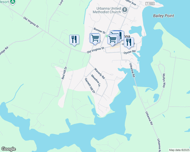 map of restaurants, bars, coffee shops, grocery stores, and more near 51 Meadow Lane in Urbanna