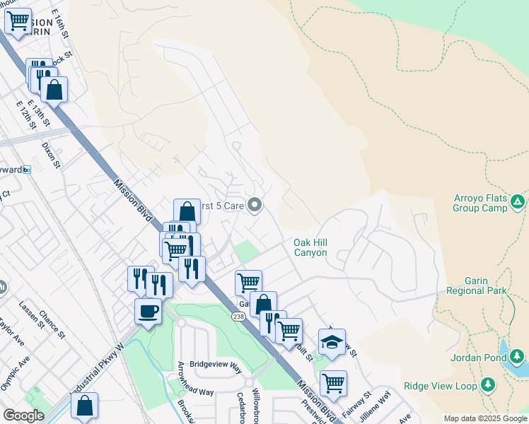 map of restaurants, bars, coffee shops, grocery stores, and more near 699 Fiesta Place in Hayward