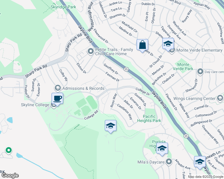 map of restaurants, bars, coffee shops, grocery stores, and more near 3300 College Drive in San Bruno