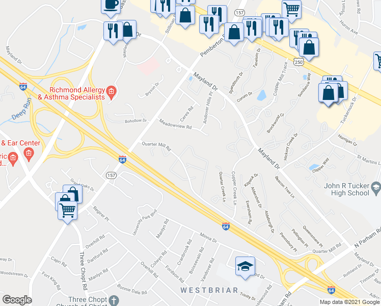 map of restaurants, bars, coffee shops, grocery stores, and more near 2938 Queensland Drive in Richmond