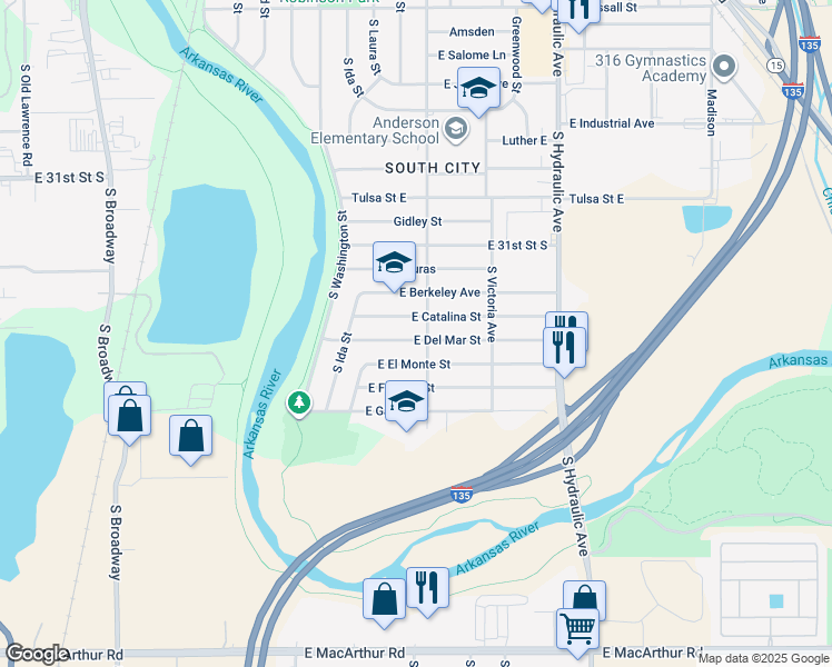 map of restaurants, bars, coffee shops, grocery stores, and more near 1215 Del Mar Street in Wichita