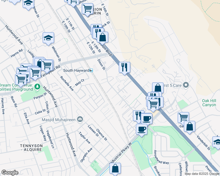 map of restaurants, bars, coffee shops, grocery stores, and more near 29163 Dixon Street in Hayward
