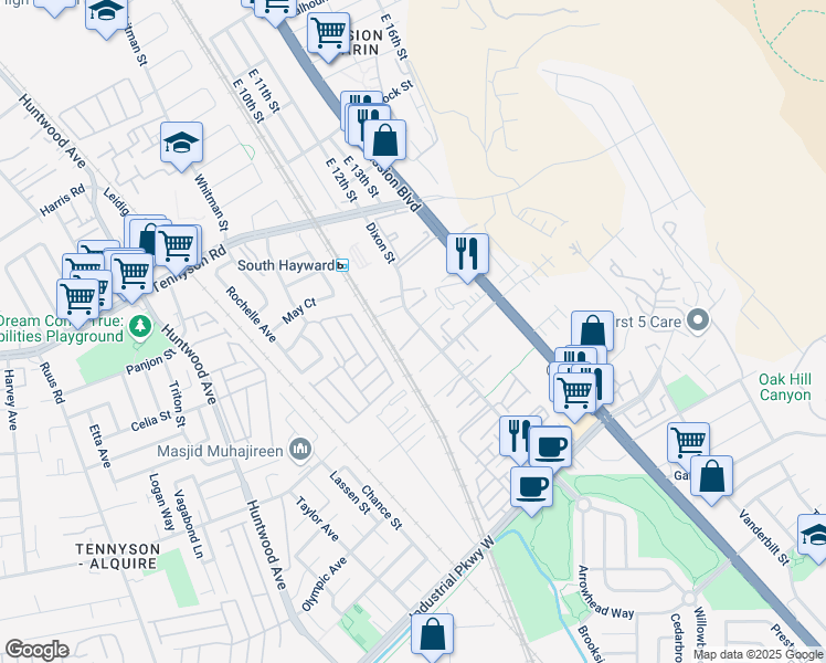 map of restaurants, bars, coffee shops, grocery stores, and more near 29125 Dixon Street in Hayward