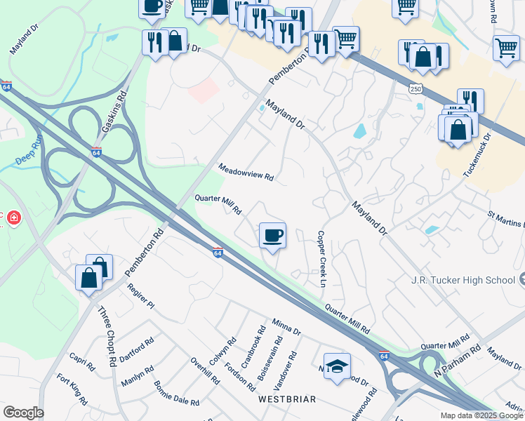 map of restaurants, bars, coffee shops, grocery stores, and more near 2938 Queensland Drive in Richmond