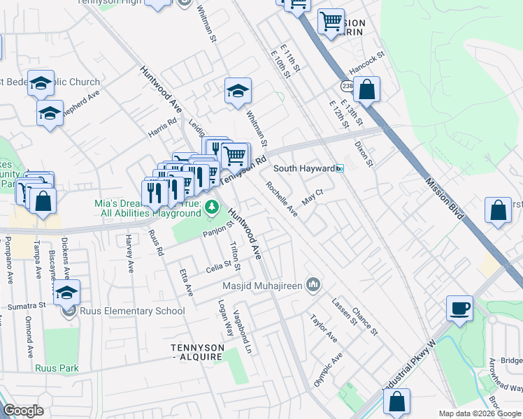 map of restaurants, bars, coffee shops, grocery stores, and more near 23 Raintree Court in Hayward
